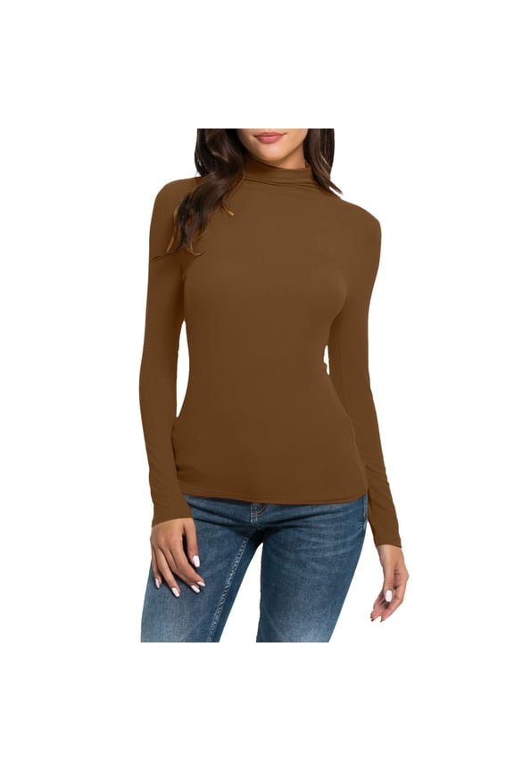 Women's Mock Turtle Neck Long Sleeve T Shirts Basic Lightweight Stretch Slim Fitted Tops Fall & Winter for Underwear Soft Casual Tops Brown M
