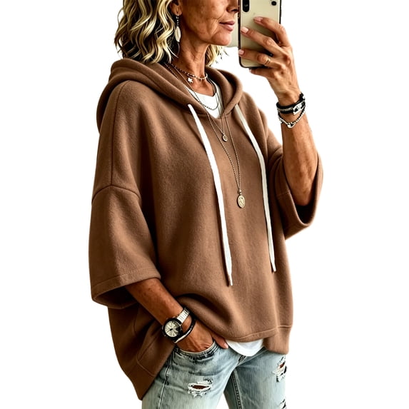 Lumtrix Women's Oversized 3/4 Sleeve Sweatshirt Loose Fit Drawstring Shirt Lightweight Casual Fall Outwear Coffee XL