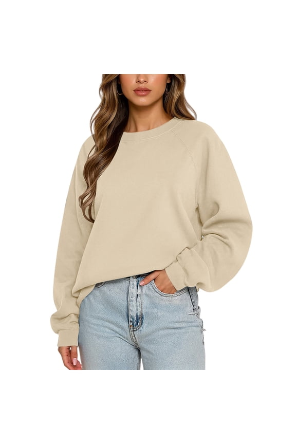 Women's Oversized Sweatshirt Long Sleeve Crewneck Cotton Fall Workout Pullover Tops Loose Fit Hoodie Y2K Clothes Beige M