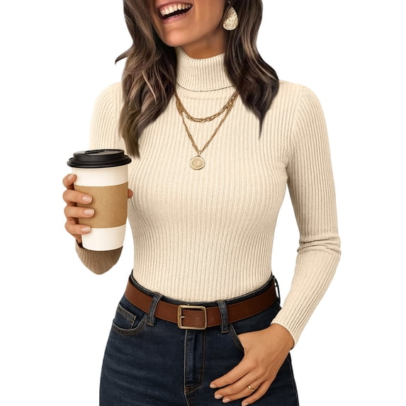 Lumtrix Women's Ribbed Turtleneck Tops Long Sleeve Stretch Shirts Knitted Fitted Lightweight Base Layer Spring Winter Sweaters Beige M