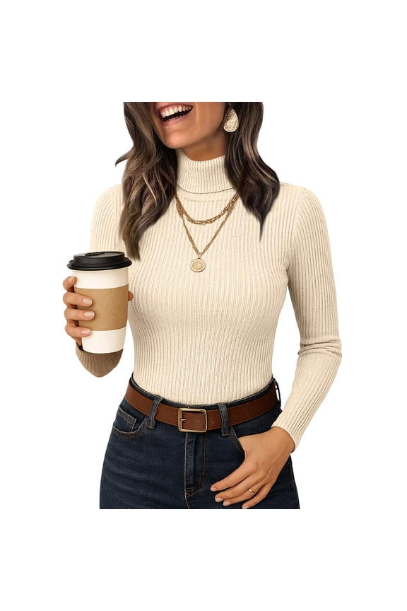 Women's Ribbed Turtleneck Tops Long Sleeve Stretch Shirts Knitted Fitted Lightweight Base Layer Spring Winter Sweaters Beige M