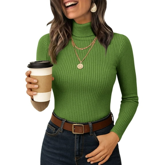 Lumtrix Women's Ribbed Turtleneck Tops Long Sleeve Stretch Shirts Knitted Fitted Lightweight Base Layer Spring Winter Sweaters Green M