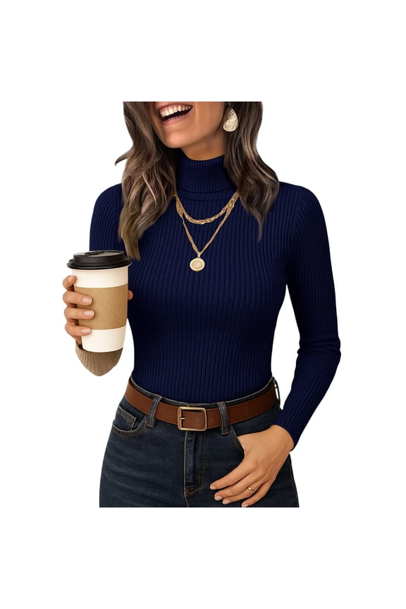 Women's Ribbed Turtleneck Tops Long Sleeve Stretch Shirts Knitted Fitted Lightweight Base Layer Spring Winter Sweaters Navy XL