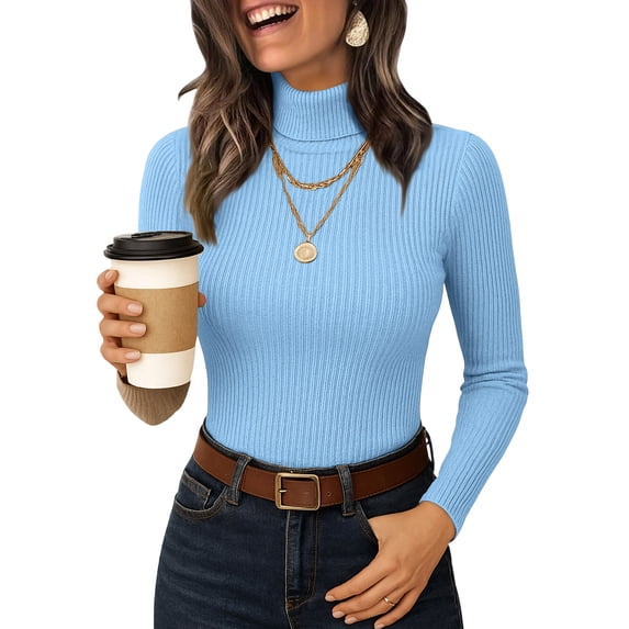 Lumtrix Women's Ribbed Turtleneck Tops Long Sleeve Stretch Shirts Knitted Fitted Lightweight Base Layer Spring Winter Sweaters Sky Blue XL