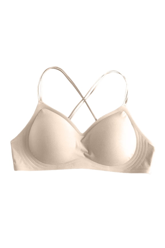 Women's Seamless Thin Strap Cross Back Bra Wireless Solid Color Full Coverage Bralette Complexion 32