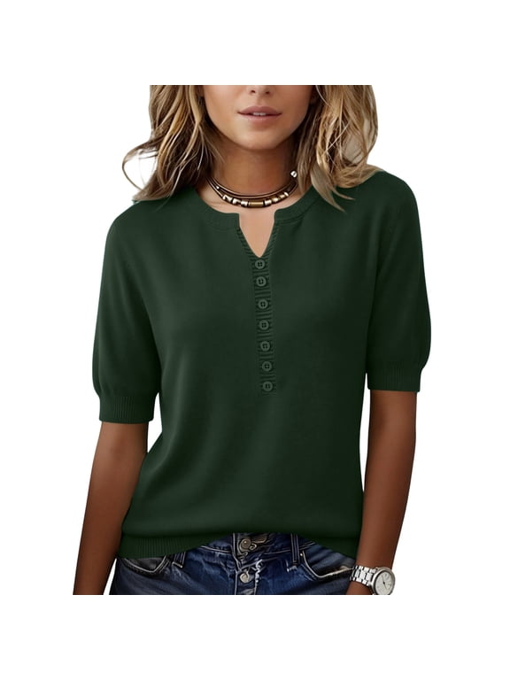 Women's Short Sleeve Sweater 2026 Spring Summer Button Down Tops Lightweight Casual V Neck T Shirt Dressy Work Blouses Clothes Dark Green 2XL