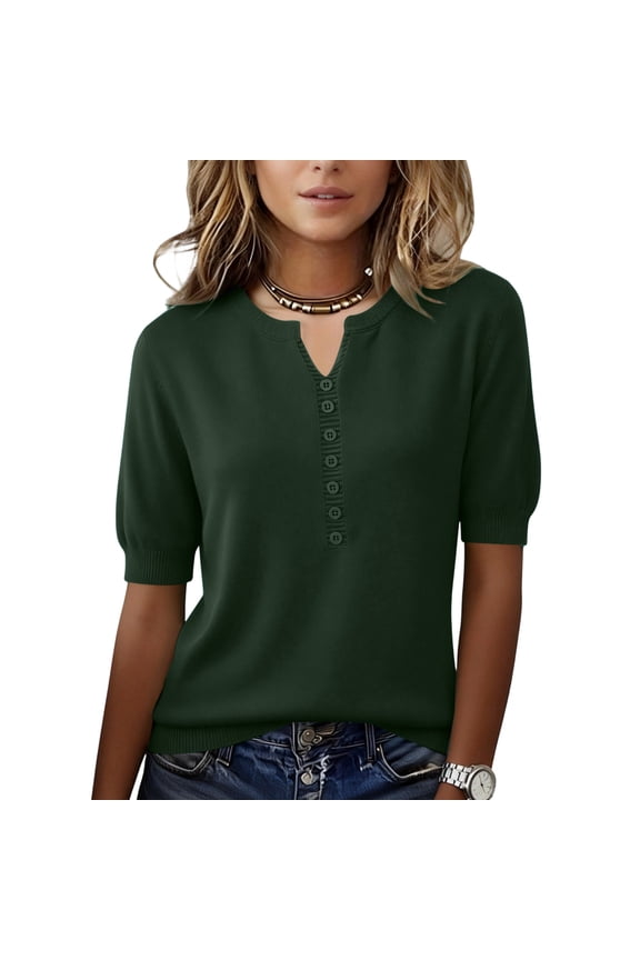 Women's Short Sleeve Sweater 2026 Spring Summer Button Down Tops Lightweight Casual V Neck T Shirt Dressy Work Blouses Clothes Dark Green 2XL