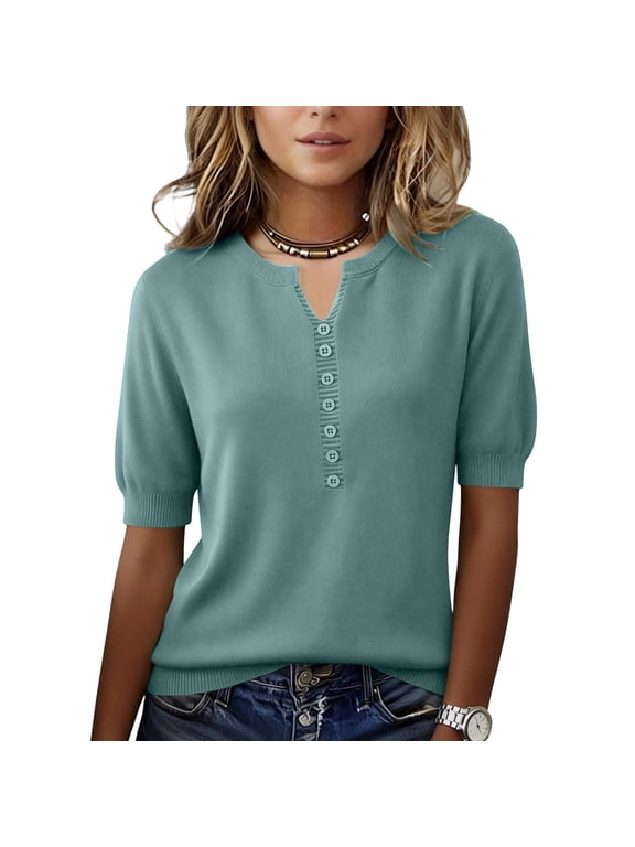 Women's Short Sleeve Sweater 2026 Spring Summer Button Down Tops Lightweight Casual V Neck T Shirt Dressy Work Blouses Clothes Mint Green 2XL