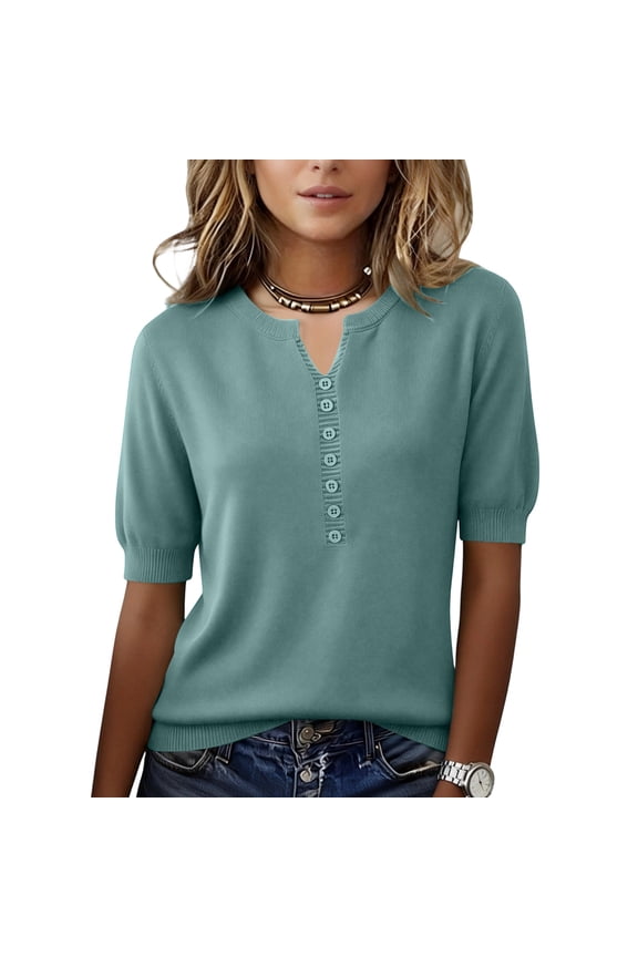 Women's Short Sleeve Sweater 2026 Spring Summer Button Down Tops Lightweight Casual V Neck T Shirt Dressy Work Blouses Clothes Mint Green XL