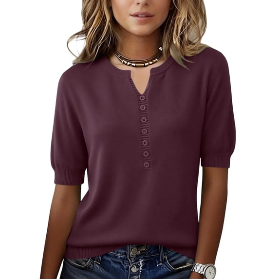 Lumtrix Women's Short Sleeve Sweater 2026 Spring Summer Button Down Tops Lightweight Casual V Neck T Shirt Dressy Work Blouses Clothes Purple S