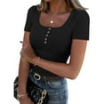 thumbnail image 1 of Lumtrix Women's Short Sleeve Tops Ribbed Casual Button Up Henley Shirts Scoop Neck Fitted Cute 2025 Summer Basic Tee Tshirts Black M, 1 of 4