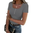 thumbnail image 1 of Lumtrix Women's Short Sleeve Tops Ribbed Casual Button Up Henley Shirts Scoop Neck Fitted Cute 2025 Summer Basic Tee Tshirts Gray L, 1 of 4