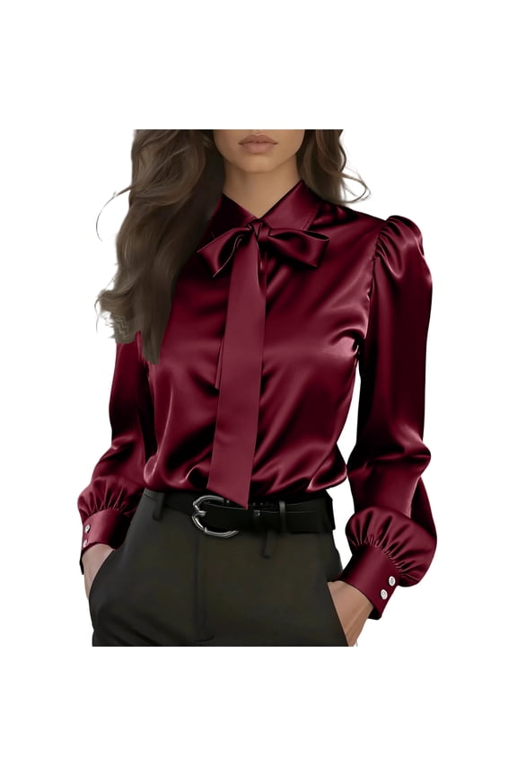 Women's Silk Satin Blouses Bow Tie Neck Puff Long Sleeve Shirts 2026 Work Casual Dressy Solid Collared Tops Wine S