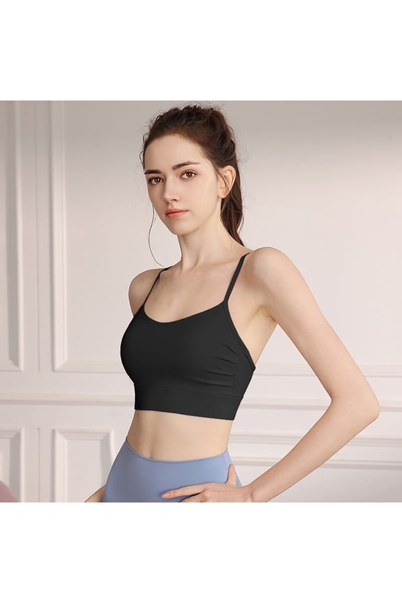 Women's Spaghetti Strap Sports Bras Wirefree Bralette Workout Cami Tops with Low Back Black 34