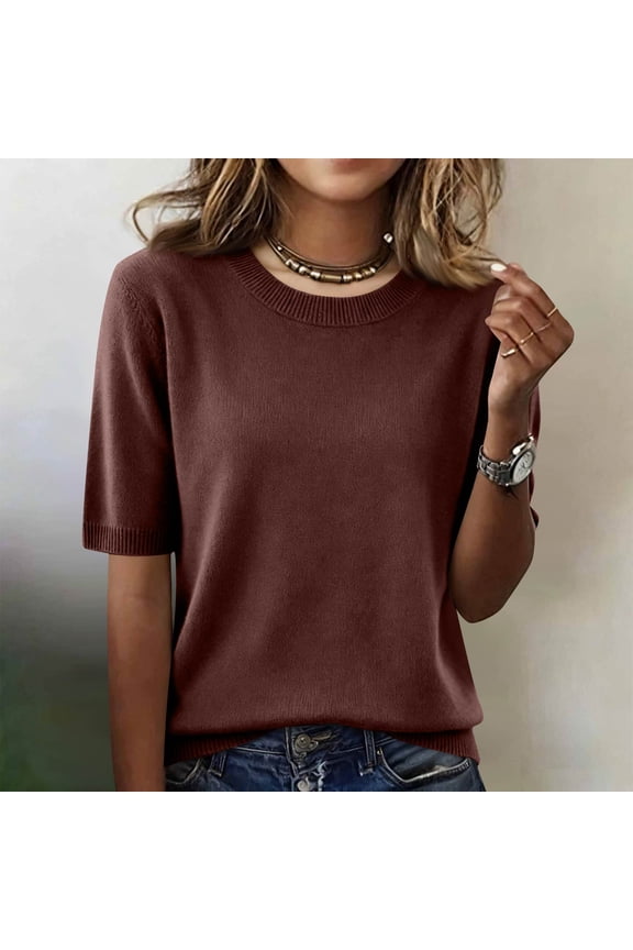 Women's Spring Summer Lightweight Short Sleeve Sweater Business Casual Knit Tops Fashion Crew Neck Pullover Coffee XL
