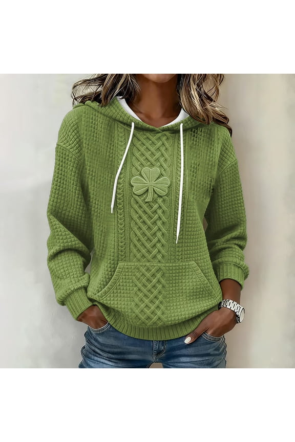 Women's St Patricks Day Sweatshirt Long Sleeve Crewneck Shamrock Print Hoodie Plus Size Waffle Shirt with Pocket Fluorescent Green 2XL