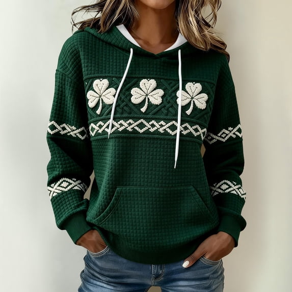 Lumtrix Women's St Patricks Day Sweatshirts Long Sleeve Crewneck Shamrock Print Hoodie Plus Size Waffle Shirt with Pocket Light Green M