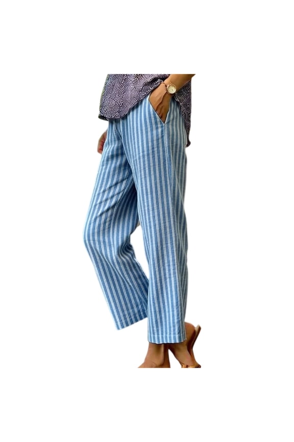 Women's Striped Cropped Pants Summer Casual Cotton Linen Trousers Beach Travel Slacks with Pockets Light Blue S