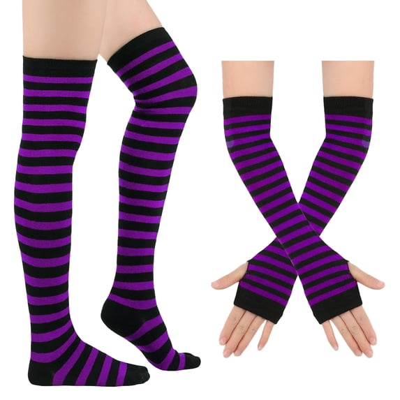Lumtrix Women's Striped Over Knee Thigh High Socks, Arm Warmer Fingerless Gloves Set for Halloween Christmas J One Size