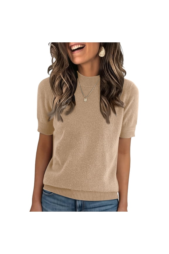 Women's Summer Fall Short Sleeve Sweater Mock Neck Pullover Tops Winter Basic Knit Slim Fitted Casual Shirts Khaki 2XL