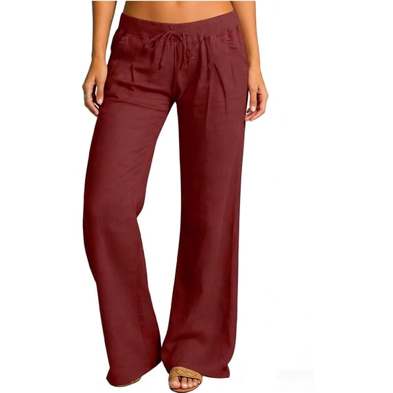 Lumtrix Women's Summer Linen Pants Low Rise Wide Leg Beach Palazzo Pants Casual Drawstring Trousers with Pockets Gray M