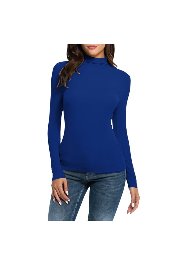 Women's Turtleneck Long Sleeve Shirts Slim Fitted Lightweight Casual Tops Fashion Underwear Blue XL