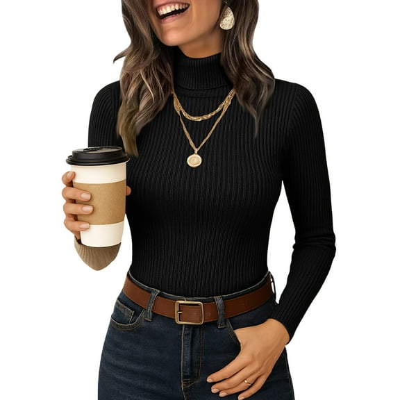 Lumtrix Women's Turtleneck Sweaters Long Sleeve Ribbed Basic Tees Shirts Slim Fitted Underwear Tops Lightweight Fall Casual Pullover Black M