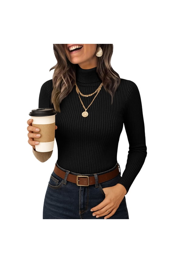 Women's Turtleneck Sweaters Long Sleeve Ribbed Basic Tees Shirts Slim Fitted Underwear Tops Lightweight Fall Casual Pullover Black XL
