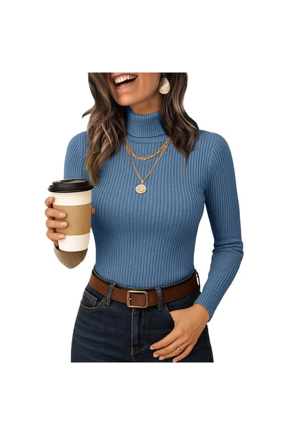Women's Turtleneck Sweaters Long Sleeve Ribbed Basic Tees Shirts Slim Fitted Underwear Tops Lightweight Fall Casual Pullover Blue XL