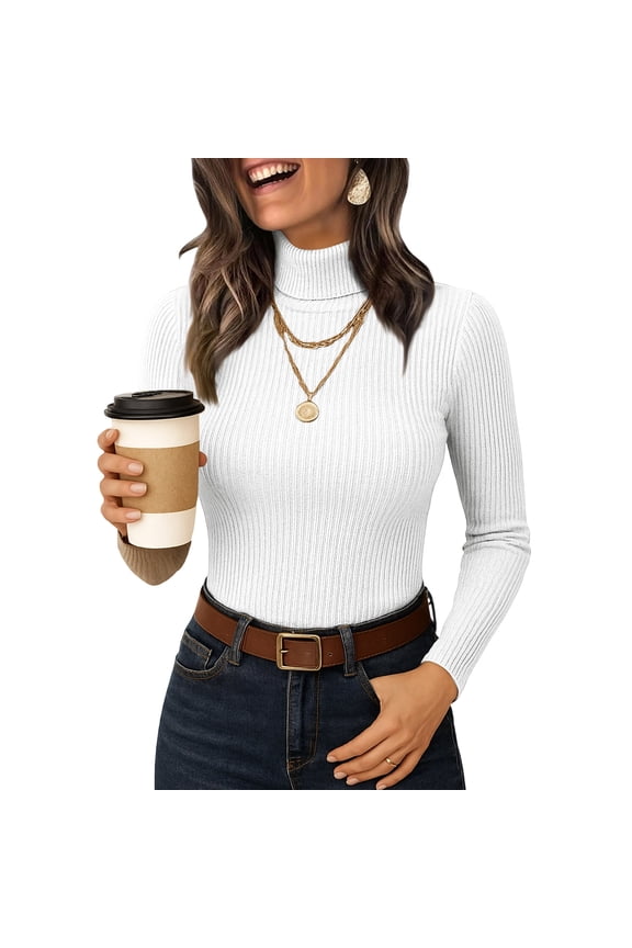 Women's Turtleneck Sweaters Long Sleeve Ribbed Basic Tees Shirts Slim Fitted Underwear Tops Lightweight Fall Casual Pullover White M