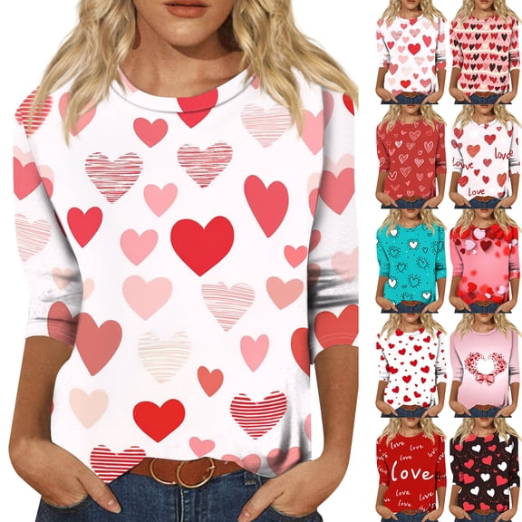 Lumtrix Women's Valentine 3/4 Sleeve Round Neck Shirt Funny Love Heart Graphic Tee Casual Couple Top Blouse Casual Spring Tunic Red M