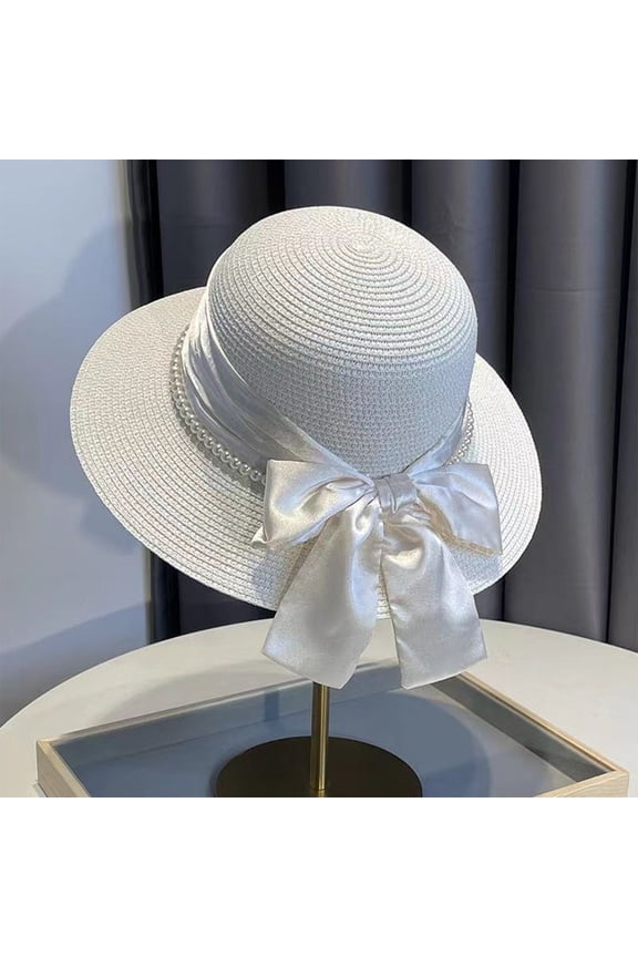 Women's Wide Brim Straw Hat with Bow Flat Top Boater Hat UPF Sun Protection Paper Straw for Beach Travel White One Size