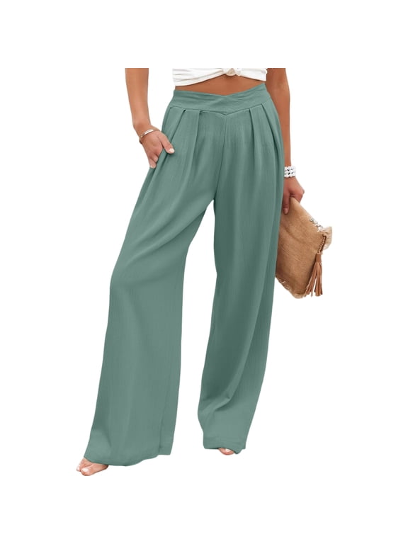 Women's Wide Leg Dress Pants with Pockets Casual Slacks High Waist Work Palazzo Trousers Mint Green XL