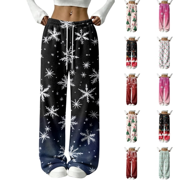 Lumtrix Women's Wide Leg Sweatpant Xmas Party Flannel Xmas Snowflake Loose Fit Elastic Waist Pants Lounge Festive Cozy Trouser with Pocket Dark Blue S