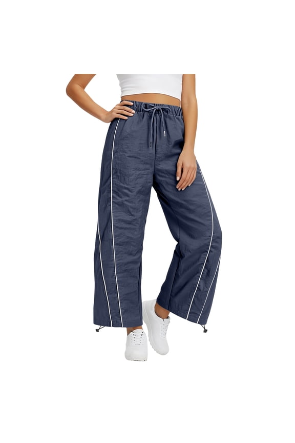 Women's Wide Leg Track Pants Baggy Drawstring Elastic Waist Lightweight Casual Hiking Athletic Sweatpants with Pockets Navy M