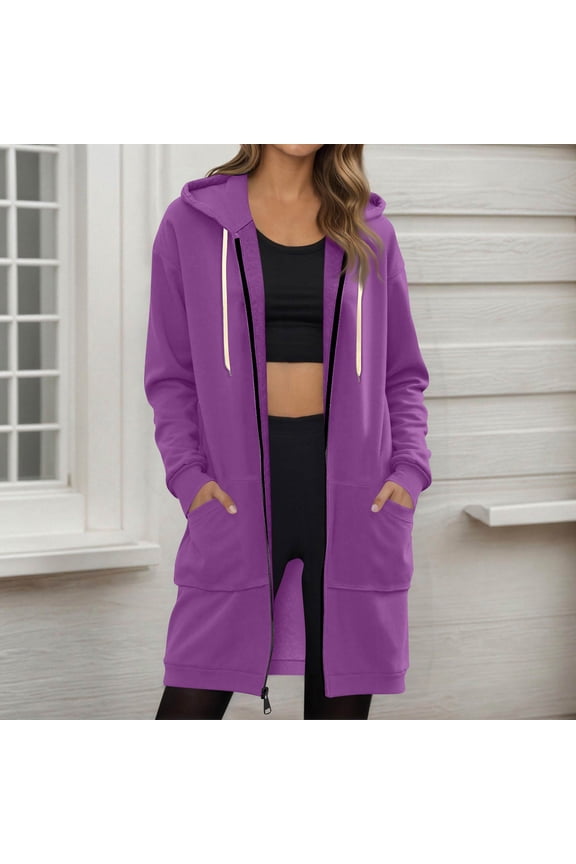 Women's Zip Up Hoodies Oversized Fleece Long Tunic Sweatshirts Casual Fall Jacket Coat with Pocket Dark Purple 2XL