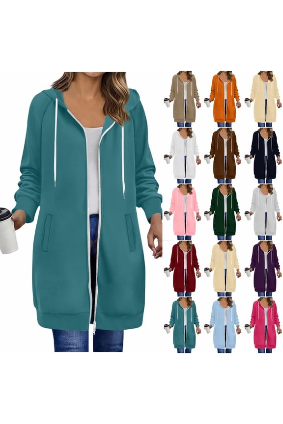 Women's Zip Up Hoodies Oversized Long Tunic Sweatshirts Casual Long Sleeve Fall Jacket Coat with Pocket 2026 Hot Pink S