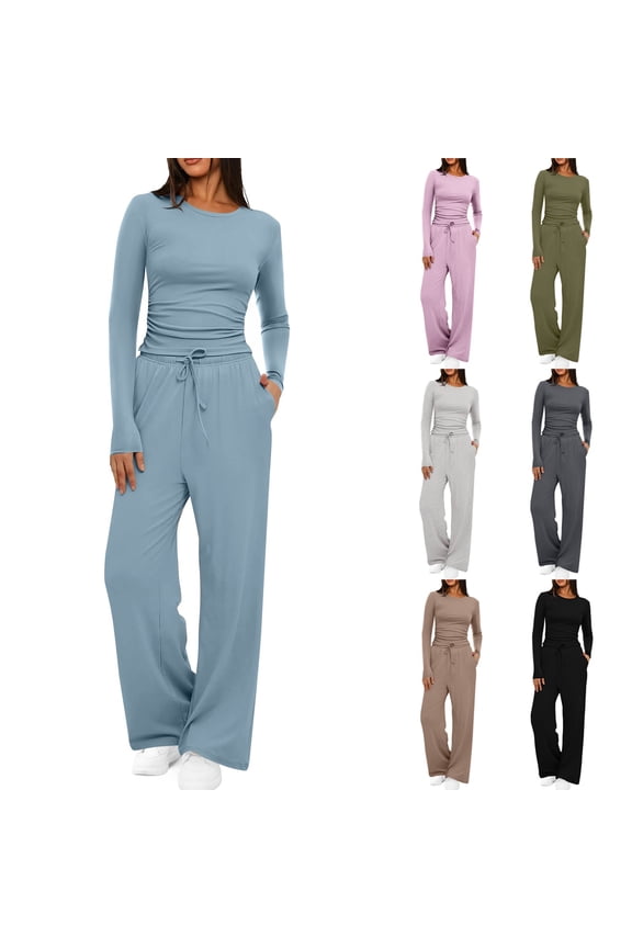 Womens 2 Piece Matching Lounge Sets 2026 fall Fashion Airport Travel Vacation Outfits Gym Sweatsuits Long Sleeve Wide Leg Set With Pockets Light Brown L