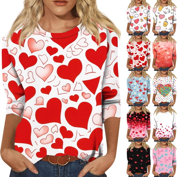 Lumtrix Womens 3/4 Sleeve Crew Neck T-Shirts Valentina's Day Spring Shirts Love Heart Graphic Tee Tops Loose Fit Tunic Multicolor M