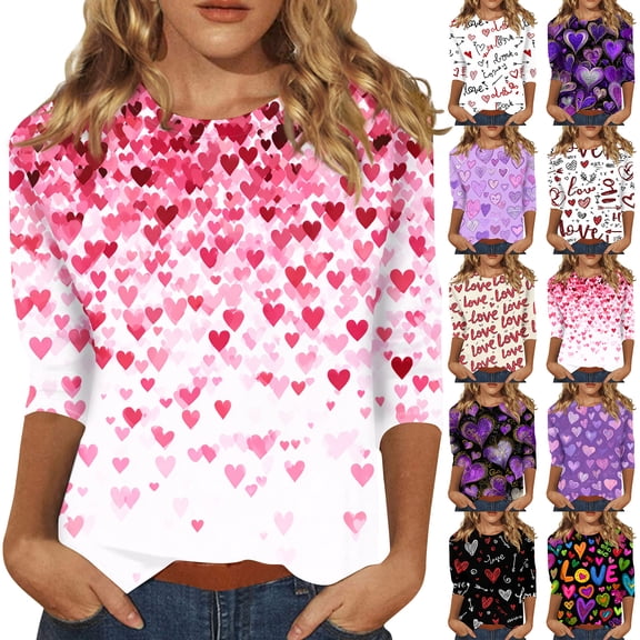 Lumtrix Womens 3/4 Sleeve Crew Neck Valentine T Shirts Love Heart Printed Graphic Tee Tops Casual Spring Blouse Hot Pink 5XL