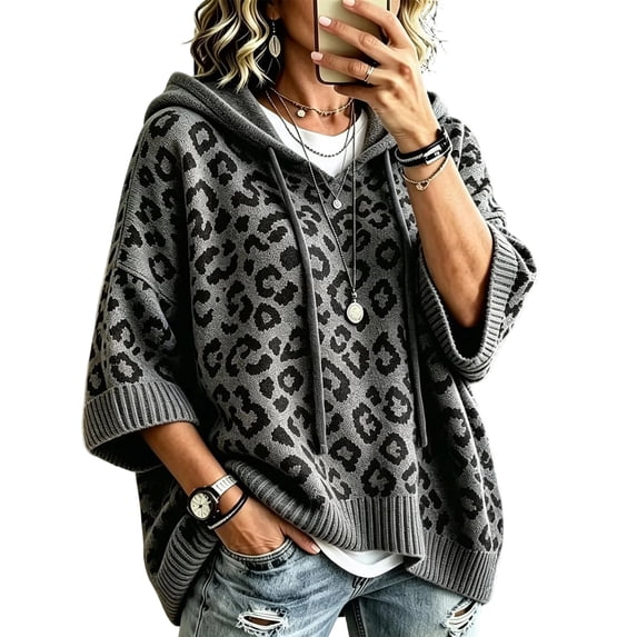 Lumtrix Womens 3/4 Sleeve Hoodie Knit Pullover Sweater Oversized Leopard Print Poncho Sweatshirts Loose Fall 2026 Winter Pullover Dark Gray S