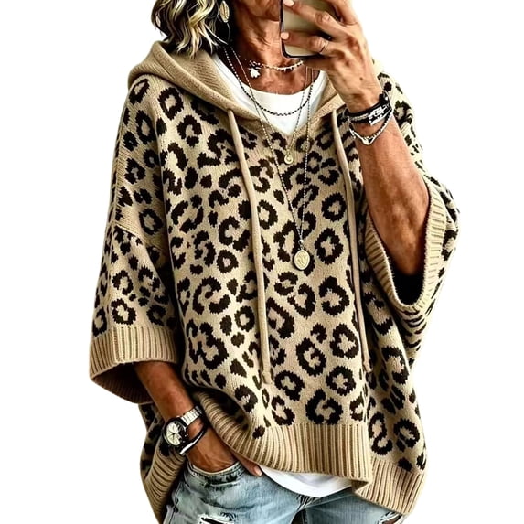 Lumtrix Womens 3/4 Sleeve Hoodie Knit Pullover Sweater Oversized Leopard Print Poncho Sweatshirts Loose Fall 2026 Winter Pullover Khaki M