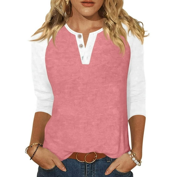 Lumtrix Womens 3/4 Sleeve Tops Henley Shirts Casual Trendy Button Down T Shirts 2025 Summer Basic Tees Tunic Pink 2XL