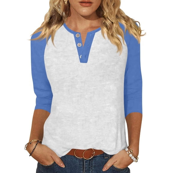 Lumtrix Womens 3/4 Sleeve Tops Henley Shirts Casual Trendy Button Down T Shirts 2025 Summer Basic Tees Tunic Top Sky Blue S