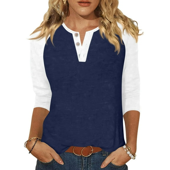 Lumtrix Womens 3/4 Sleeve Tops Henley Shirts Casual Trendy Button Down T Shirts 2026 Summer Basic Tees Tunic Navy XL