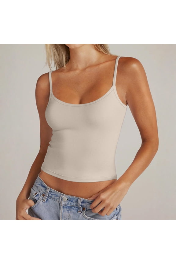 Womens Adjustable Spaghetti Strap Tank Tops Summer Camisole Athletic Workout Gym Y2K Going Out Cute Basic Crop Top Beige XL
