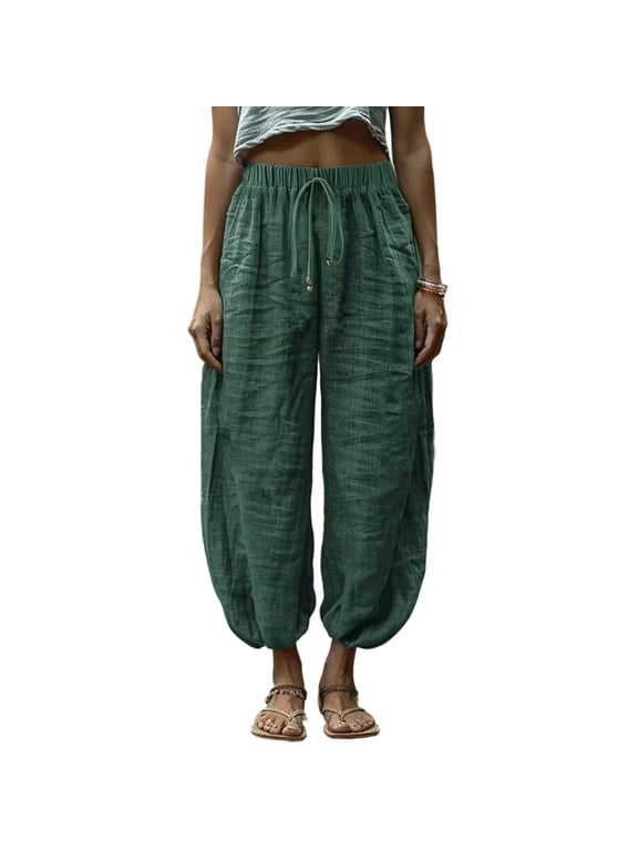 Womens Baggy Pleated Harem Pants Spring Summer Elastic High Waisted Wide Leg Balloon Cotton Lounge Pants Green M
