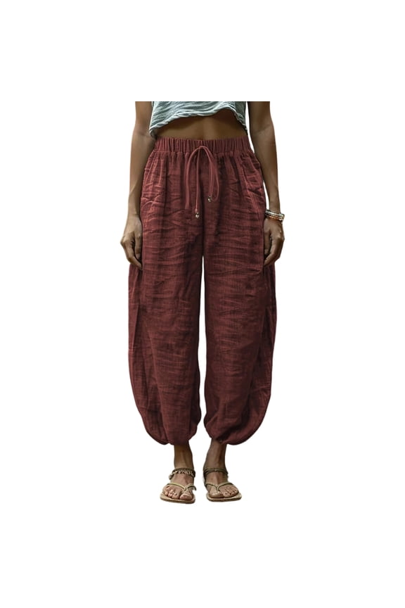 Womens Baggy Pleated Harem Pants Spring Summer Elastic High Waisted Wide Leg Balloon Cotton Lounge Pants Light Brown 2XL