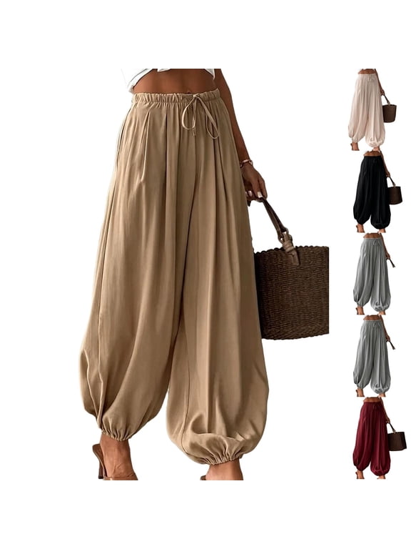 Womens Balloon Harem Pants Pleated Summer Elastic Waist Baggy Pants Beach Vacation Cotton Linen Trousers Khaki L