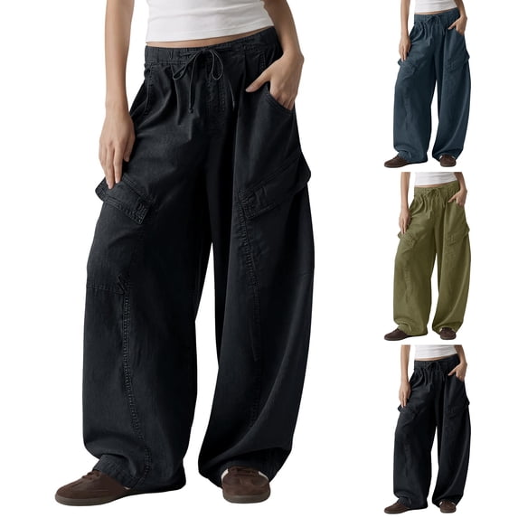 Lumtrix Womens Barrel Baggy Cargo Pants Drawstring Waist Wide Leg Casual Pants Y2K Streetwear with Multi Pockets 2026 Army Green L